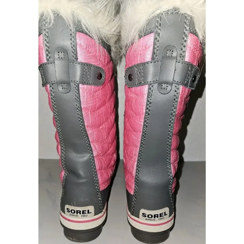 Sorel Tofino II Snow Boots YOUTH Size 6 Pink Gray Waterproof Fleece Fur Trim